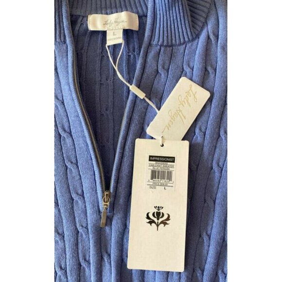 100% Cotton Lady Hagen Impressionist Blue Persian Cable-Knit Quarter-Zip Size L - Picture 3 of 8